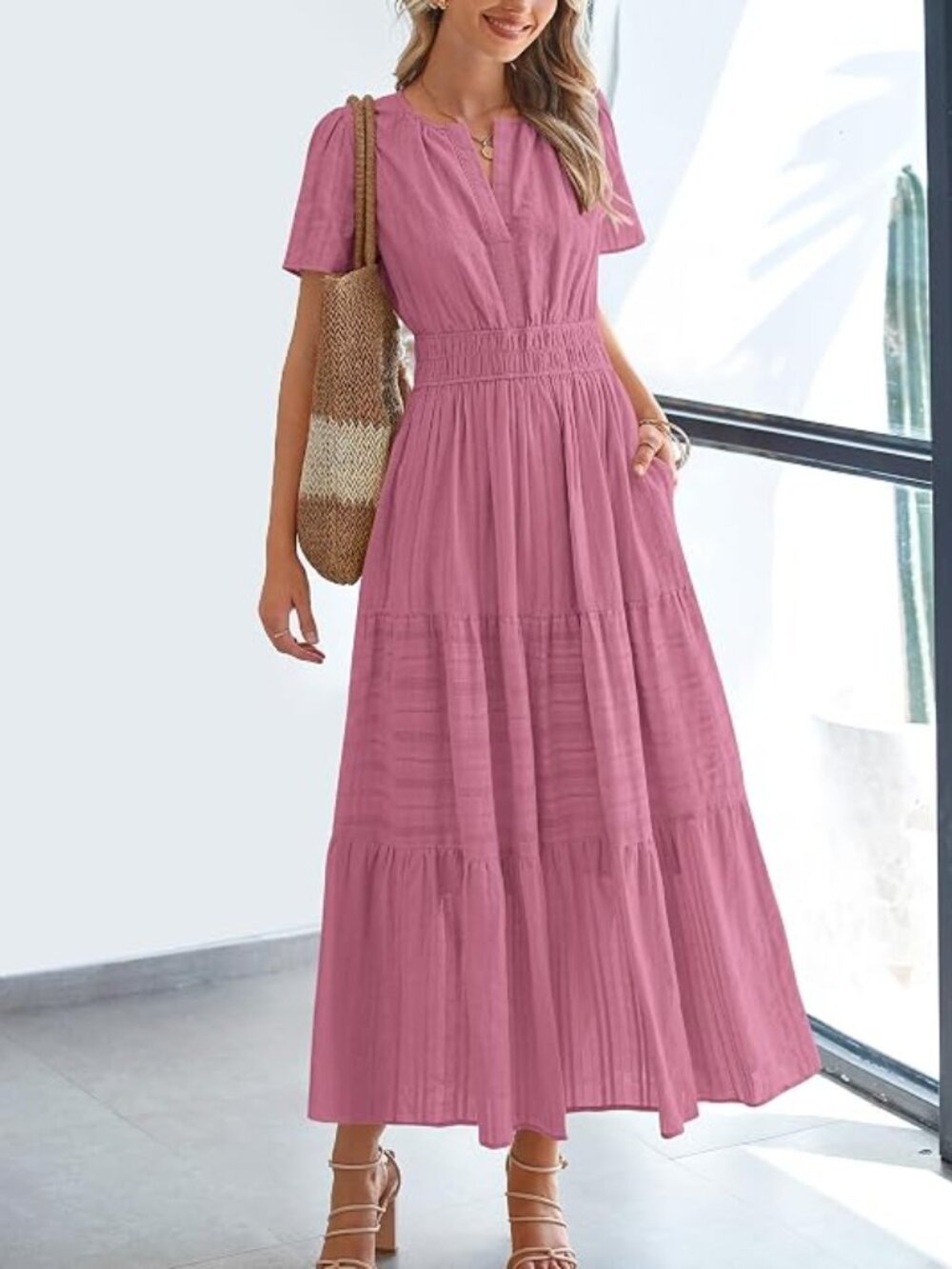 Womens Summer 2026 Casual Midi Maxi Dresses Lightweight Short Sleeve V Neck Elas